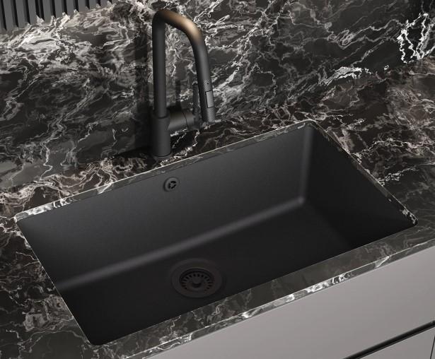 Translation of the text to English: AquaGranite Module R19 large granite black sink 76x43 cm undermount and countertop with stainless steel plug 1208970688