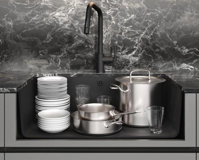 AquaGranite Modulo R19 large granite black sink 76x43 cm undermount and top mount with stainless steel plug 1208970688