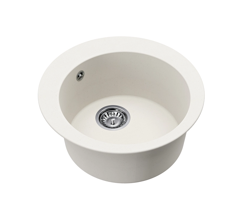 AquaGranite Lago White Granite Round Countertop Sink 505mm with Stainless Steel Plug and 1 Faucet Hole 1208970689