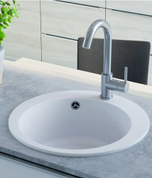 AquaGranite Lago White Granite Round Countertop Sink 505mm with Stainless Steel Plug and 1 Faucet Hole 1208970689