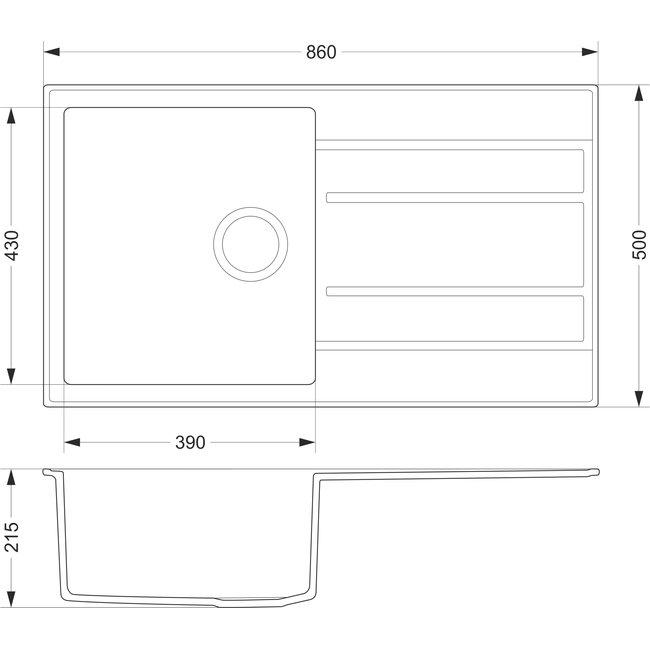 Translation: Dura Stretto Quartz sink grey top-mount with drainer 86x50cm reversible 1208970695