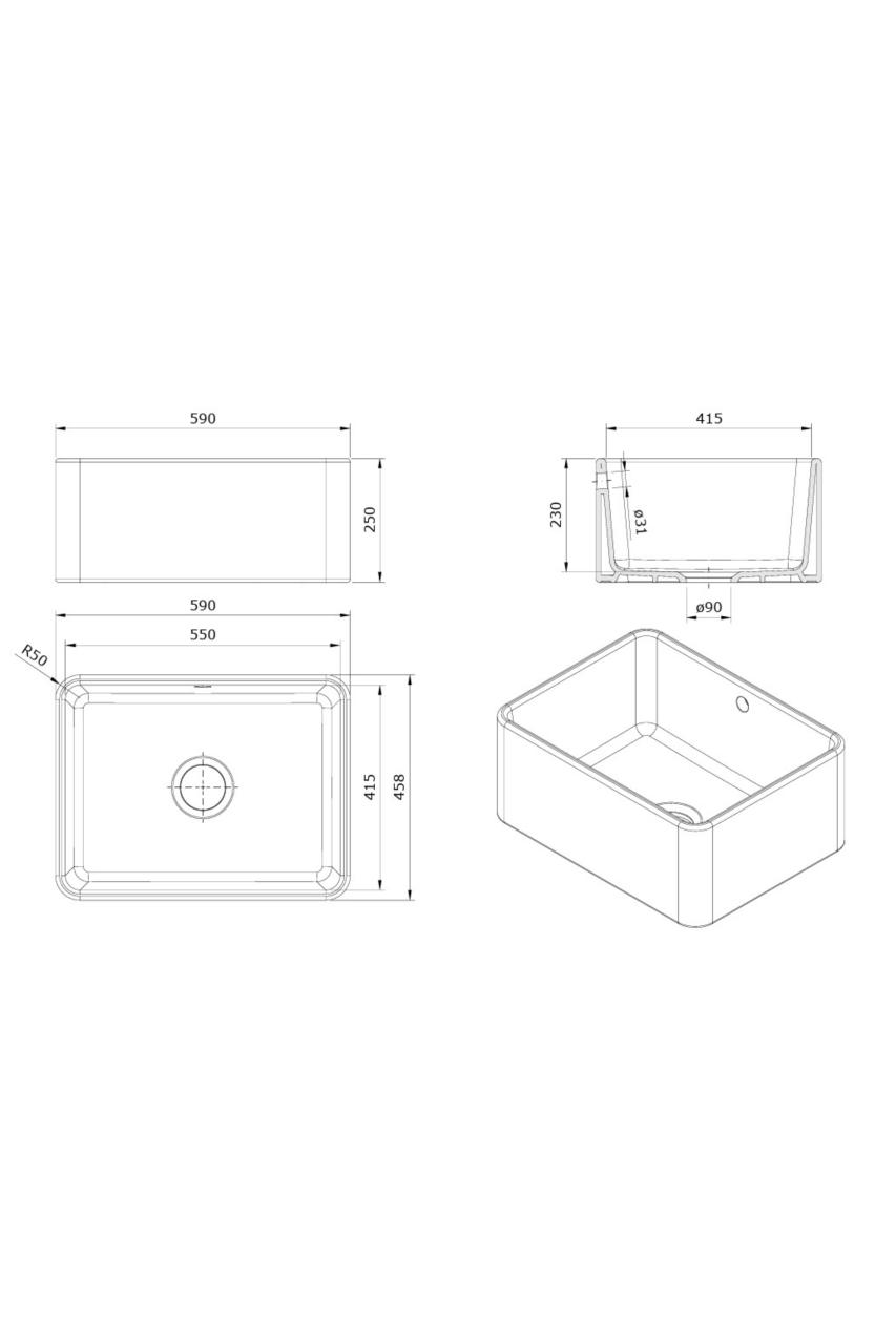 Ausmann Ceramic Mira Ceramic White Sink - Undermount and Semi-Recessed 590 x 458 mm with Stainless Steel Plug 1208970733