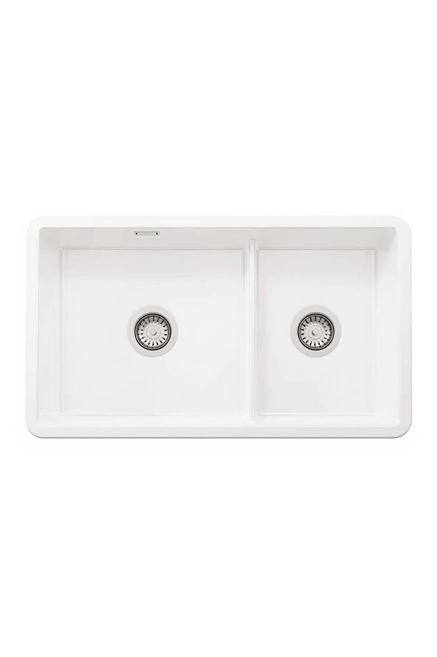 Ausmann Ceramic Ember Ceramic White One and a Half Bowl Top-Mount and Undermount 733 x 401 mm with Stainless Steel Plugs 1208970737