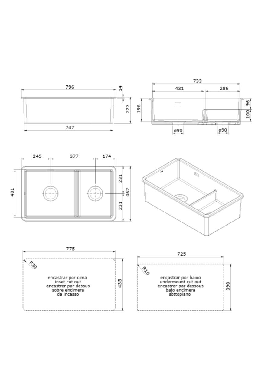 Ausmann Ceramic Ember Ceramic White One and a Half Bowl Top-Mount and Undermount 733 x 401 mm with Stainless Steel Plugs 1208970737