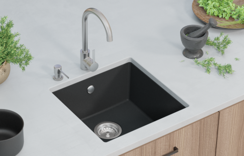 GraniteMy Universal Granite Gray Sink 40x40 cm Top Mount, Under Mount and Flush Mount with Stainless Steel Plug 1208970743