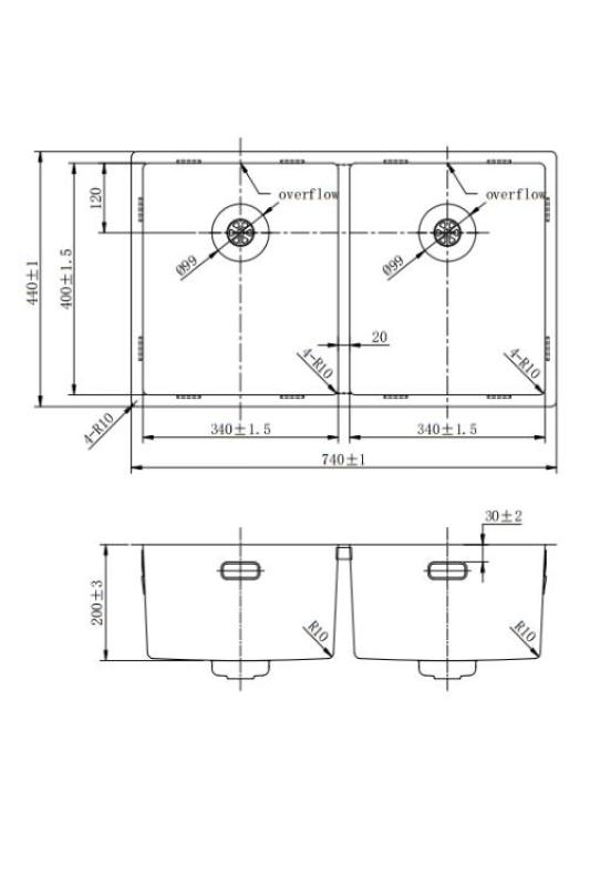 Pure.Sink Prestige Double Gold sink 70x40 cm 10mm radius undermount, flush mount and top mount PPG343440-60