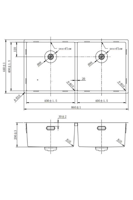 Pure.Sink Prestige Double Gun metal sink 82x40 cm 10mm radius undermount, flush mount and top mount PPG404040-61