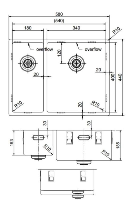 Pure.Sink Exclusivo Stainless Steel 1.5 one and a half sink 18+34 cm 10mm radius PEX183440-02