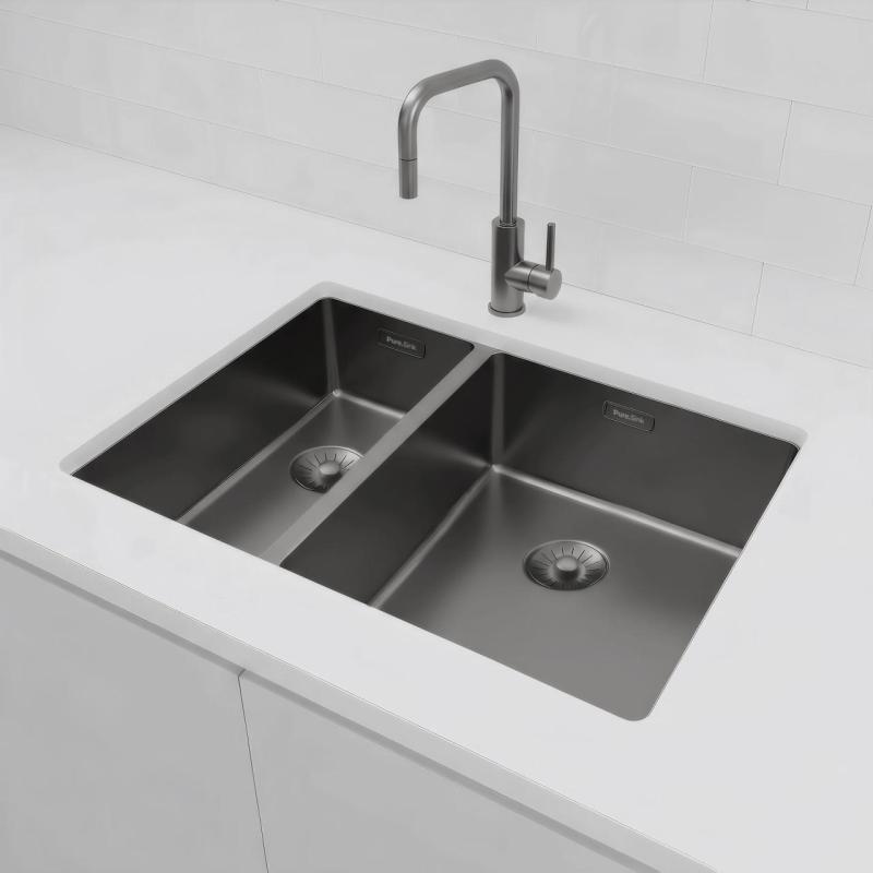 Pure.Sink Exclusivo Gun Metal 1.5 one and a half bowl sink 18+34 cm 10mm radius PEX183440-61