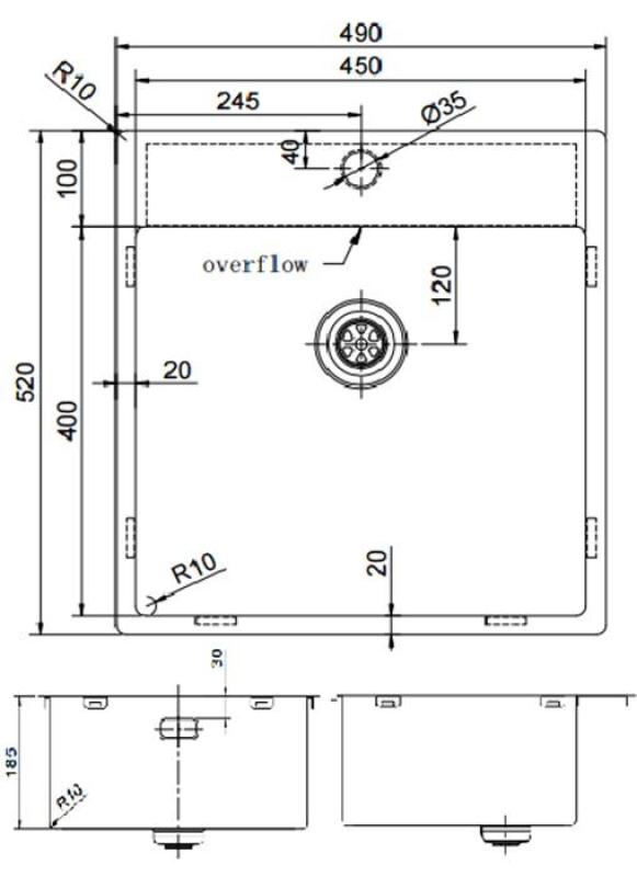 Pure.Sink Exclusivo Gun Metal sink 49x52 cm Tapwing with faucet hole bench 10mm radius PEX4540T-61