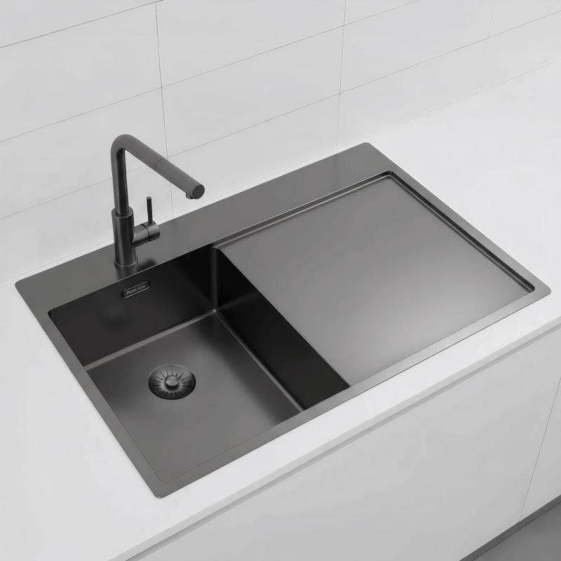 Pure.Sink Exclusivo Gun Metal small sink with draining area 78x52 cm Tapwing left PEX3478LT-61