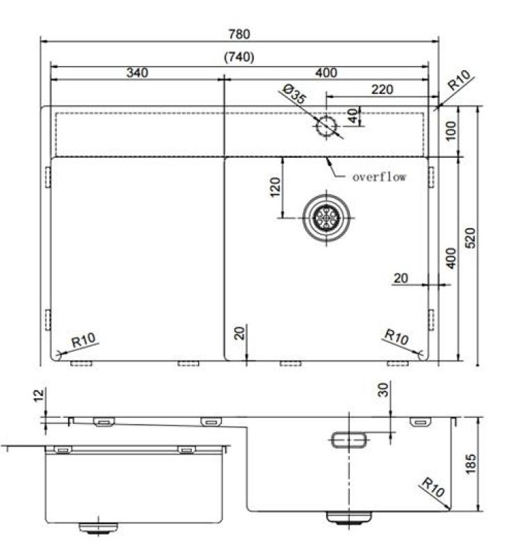 Pure.Sink Exclusivo stainless steel sink with draining area 78x52 cm Tapwing right PEX4078RT-02