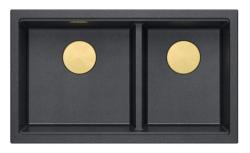 Quadri Newport II Double Anthracite Granite Undermount Sink 702 x 390 mm with Gold Plug 1208971379