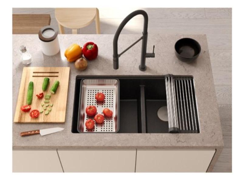 Quadri Newport II Doppelte Anthrazit Granit Unterbau Spüle 702 x 390 mm mit goldenem Stopfen 1208971379