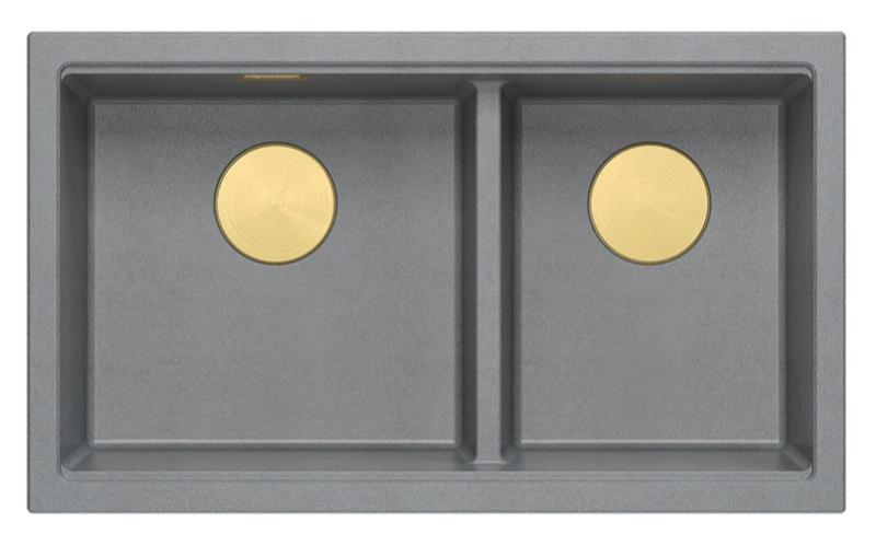 Quadri Newport II Doppelte Graue Granit Unterbau Spüle 702 x 390 mm mit goldenem Stopfen 1208971380