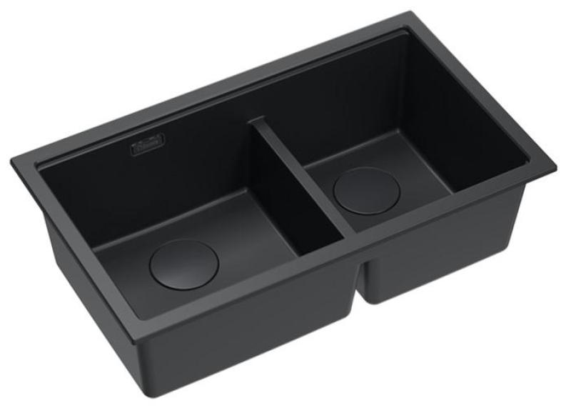 Quadri Newport II Double Black Granite Undermount Sink 702 x 390 mm with Black Plug 1208971386
