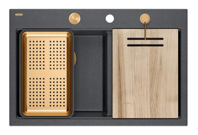 Quadri Hard Rock Double Anthracite Granite Built-in Sink 76x50 cm with Copper Plug and Accessories 1208971388