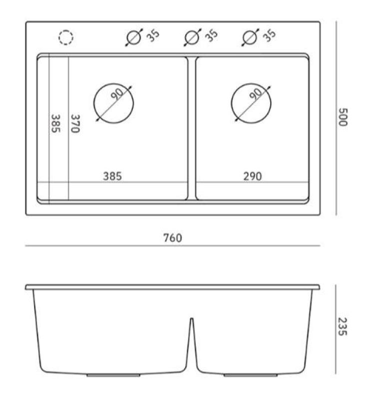 Quadri Hard Rock Double Anthracite Granite Built-in Sink 76x50 cm with Copper Plug and Accessories 1208971388
