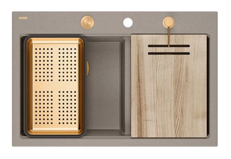 Quadri Hard Rock Double Taupe Granite Built-in Sink 76x50 cm with Copper Plug and Accessories 1208971391