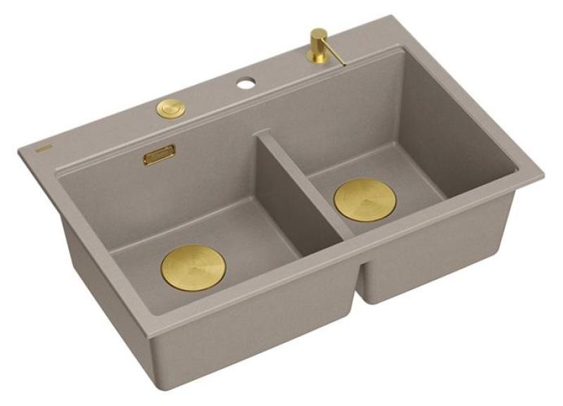 Quadri Hard Rock Double Taupe Granite Built-in Sink 76x50 cm with Gold Plug and Accessories 1208971396