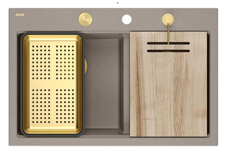 Quadri Hard Rock Double Taupe Granite Built-in Sink 76x50 cm with Gold Plug and Accessories 1208971396