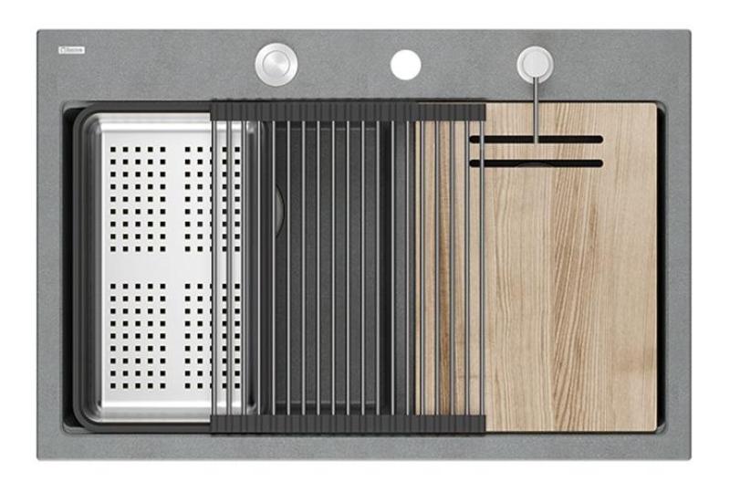 Quadri Hard Rock Double Grey Granite Built-in Sink 76x50 cm with Stainless Steel plug and accessories 1208971400