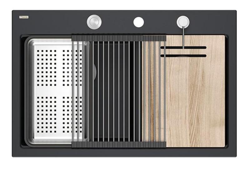 Quadri Hard Rock Double Black Granite Built-in Sink 76x50 cm with Stainless Steel Plug and Accessories 1208971401