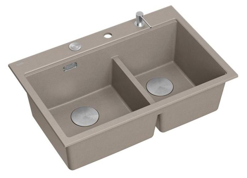 Quadri Hard Rock Double Taupe Granite Built-in Sink 76x50 cm with Stainless Steel Plug and Accessories 1208971402