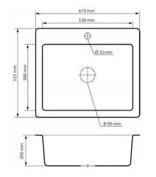 Graniteland Vastone Granite Sink 619x522 mm Gray Surface Mount with Faucet Hole and Stainless Steel Plug 1208971448