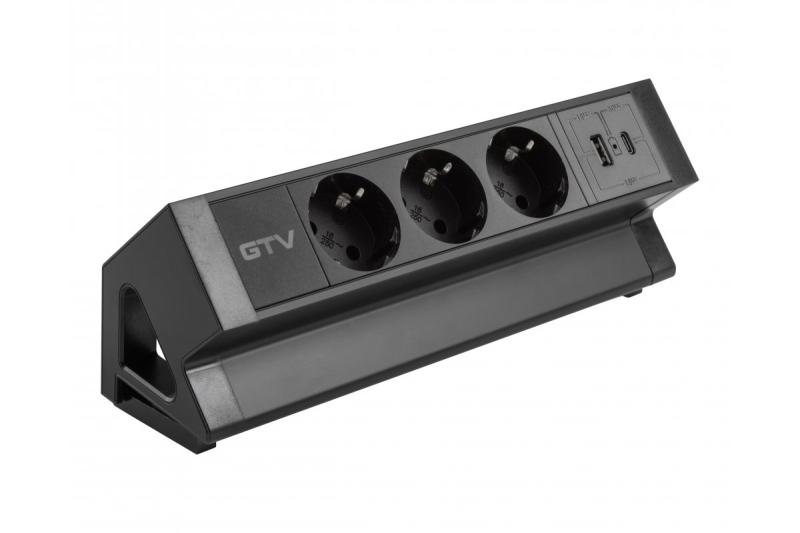 Furniture socket BASCO, 3xSHUKO, USB A+C, cable 1.5 m, black