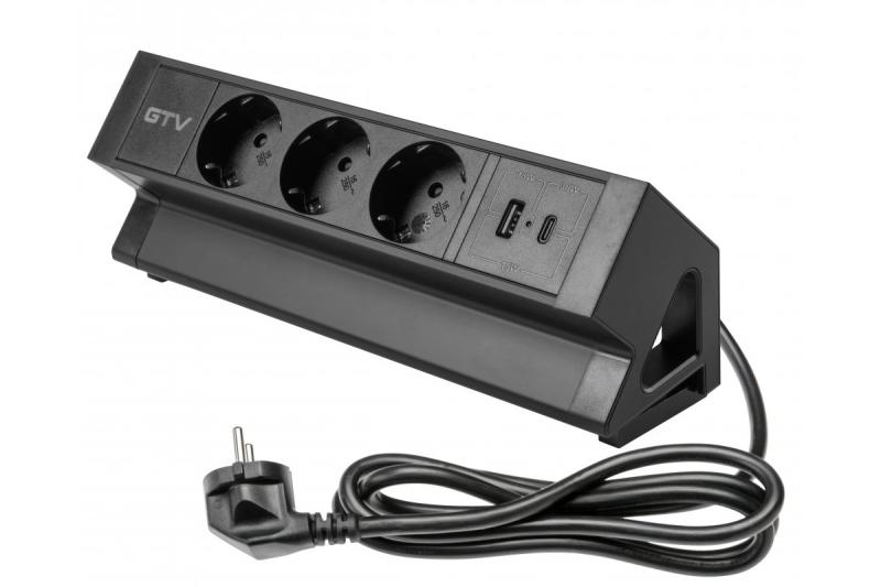 Furniture socket BASCO, 3xSHUKO, USB A+C, cable 1.5 m, black