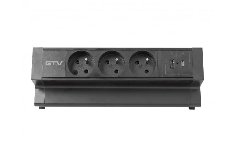 Basco furniture socket, 3 x socket with grounding, USB A+C, 1.5m cable, black with mounting