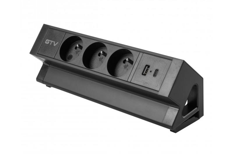 Basco furniture socket, 3 x socket with grounding, USB A+C, 1.5m cable, black with mounting