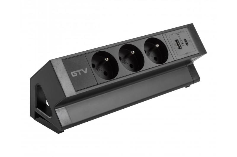 Basco furniture socket, 3 x socket with grounding, USB A+C, 1.5m cable, black with mounting