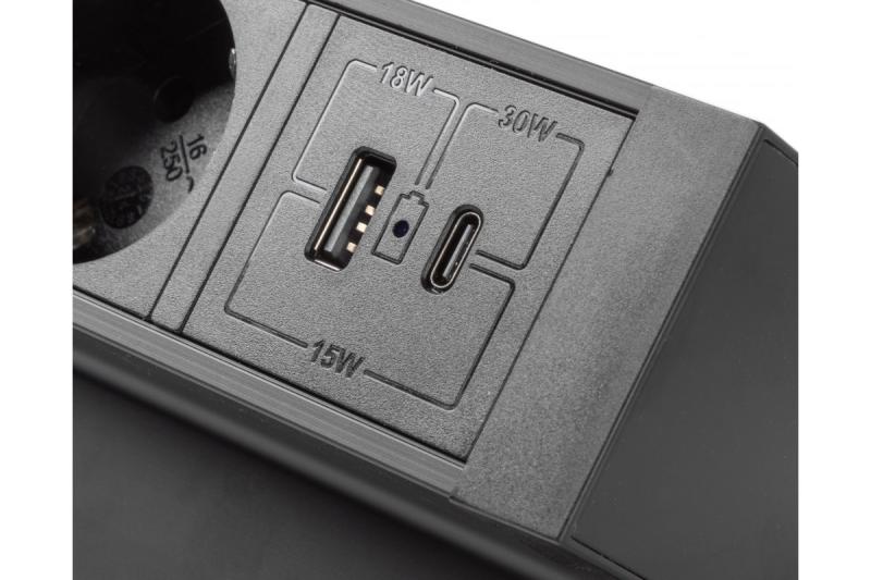 Basco furniture socket, 3 x socket with grounding, USB A+C, 1.5m cable, black with mounting