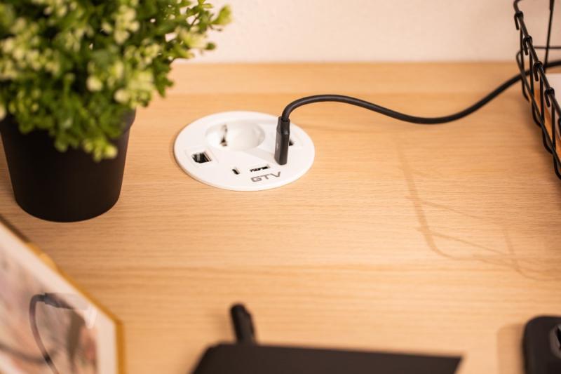 Furniture socket RONDO, 1xSHUKO, 1xUSB-A, 2xUSB-C, HDMI, RJ45 cable 1.5 m, white