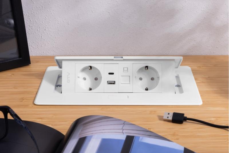 Furniture socket MULTISOFT, 2xSHUKO, USB A+C, RJ45, cable 1.5 m, white