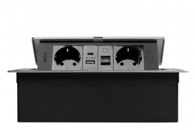 Furniture socket MULTISOFT, 2xSHUKO, USB A+C, RJ45, cable 1.5 m, aluminum