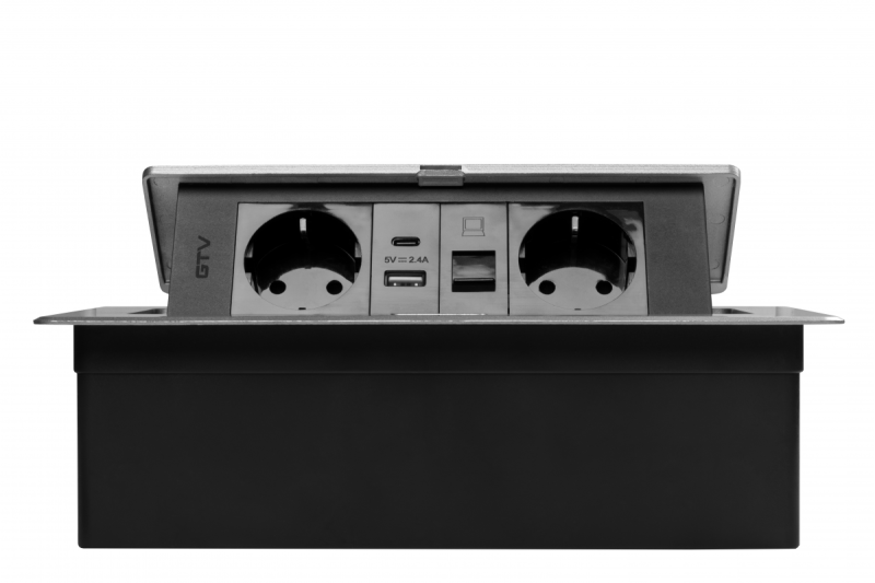 Furniture socket MULTISOFT, 2xSHUKO, USB A+C, RJ45, cable 1.5 m, aluminum