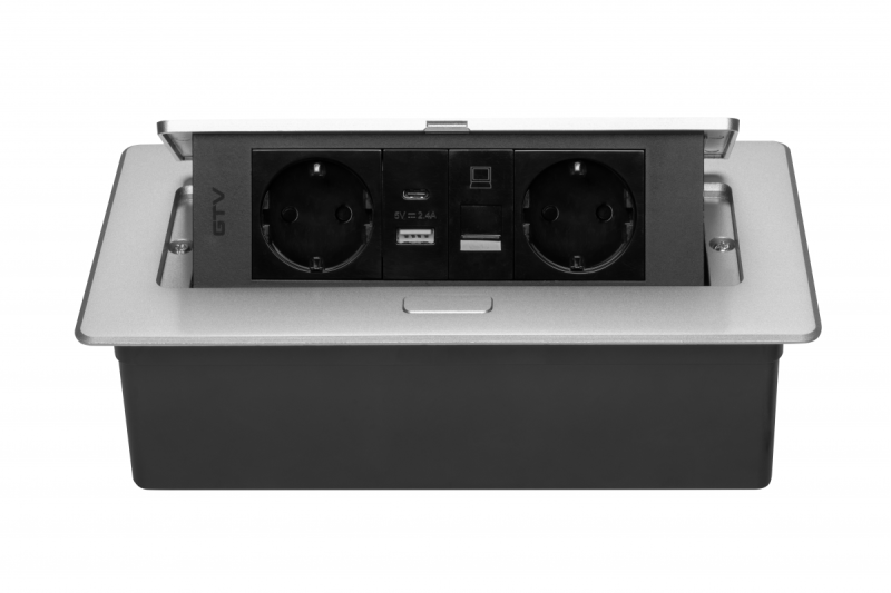 Furniture socket MULTISOFT, 2xSHUKO, USB A+C, RJ45, cable 1.5 m, aluminum