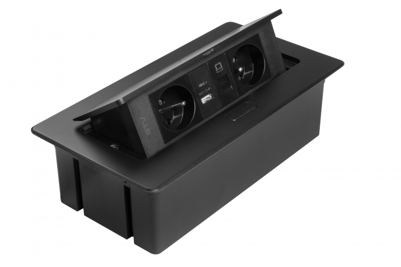 MULTISOFT Furniture Socket 2x Socket with Earthing, USB A+C, RJ45, Power Cable with Plug, Black