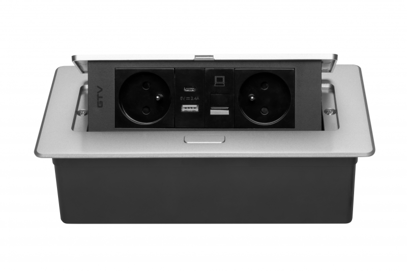 MULTISOFT Furniture Socket 2x Socket with Earthing, USB A+C, RJ45, Power Cable with Plug, Aluminium