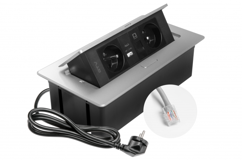 MULTISOFT Furniture Socket 2x Socket with Earthing, USB A+C, RJ45, Power Cable with Plug, Aluminium