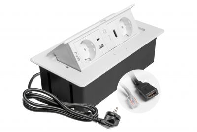 Furniture socket MULTISOFT, 2xSHUKO, USB A+C, RJ45, HDMI, cable 1.5 m, white