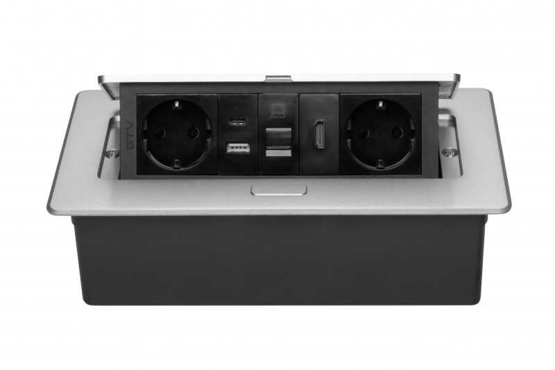 Furniture socket MULTISOFT, 2xSHUKO, USB A+C, RJ45, HDMI cable 1.5 m, aluminum