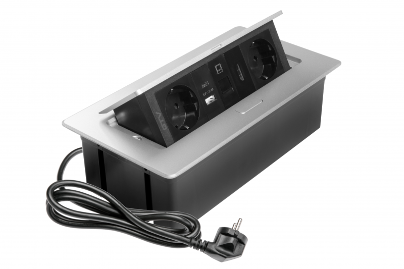 Furniture socket MULTISOFT, 2xSHUKO, USB A+C, RJ45, HDMI cable 1.5 m, aluminum