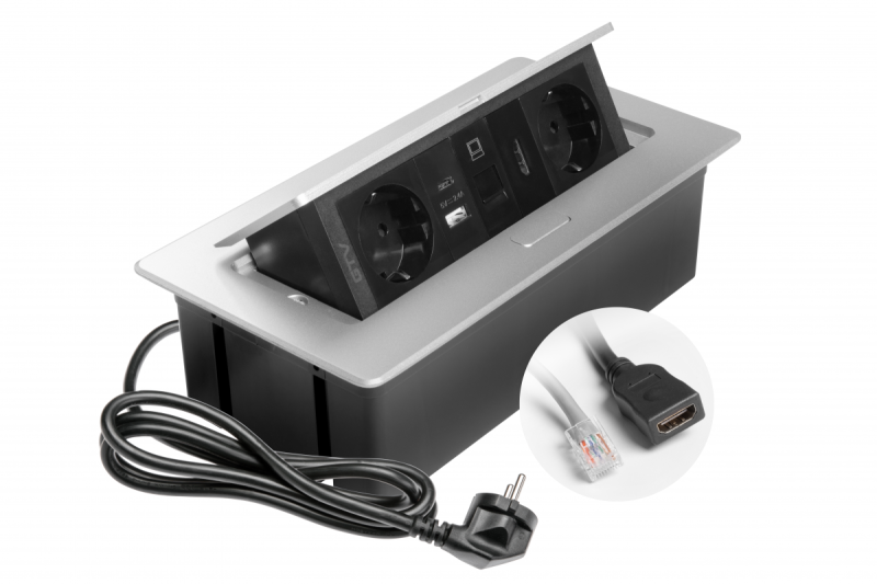 Furniture socket MULTISOFT, 2xSHUKO, USB A+C, RJ45, HDMI cable 1.5 m, aluminum