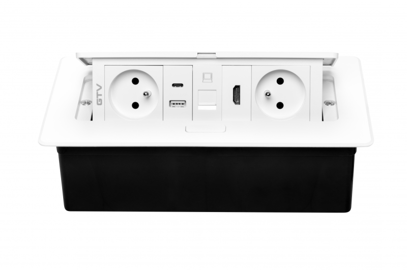 MULTISOFT furniture socket 2x Socket with Earthing, USB A+C, RJ45, HDMI, Power Cable with Plug, White