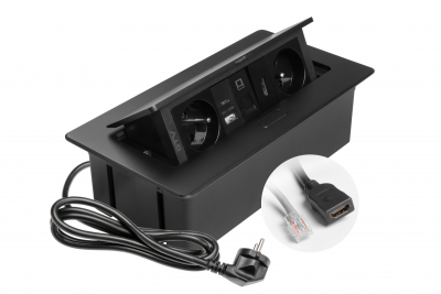 MULTISOFT furniture socket 2x Socket with Earthing, USB A+C, RJ45, HDMI, Power Cable with Plug, Black