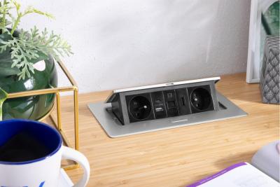 MULTISOFT furniture socket 2x Socket with Earthing, USB A+C, RJ45, HDMI, Power Cable with Plug, Aluminium